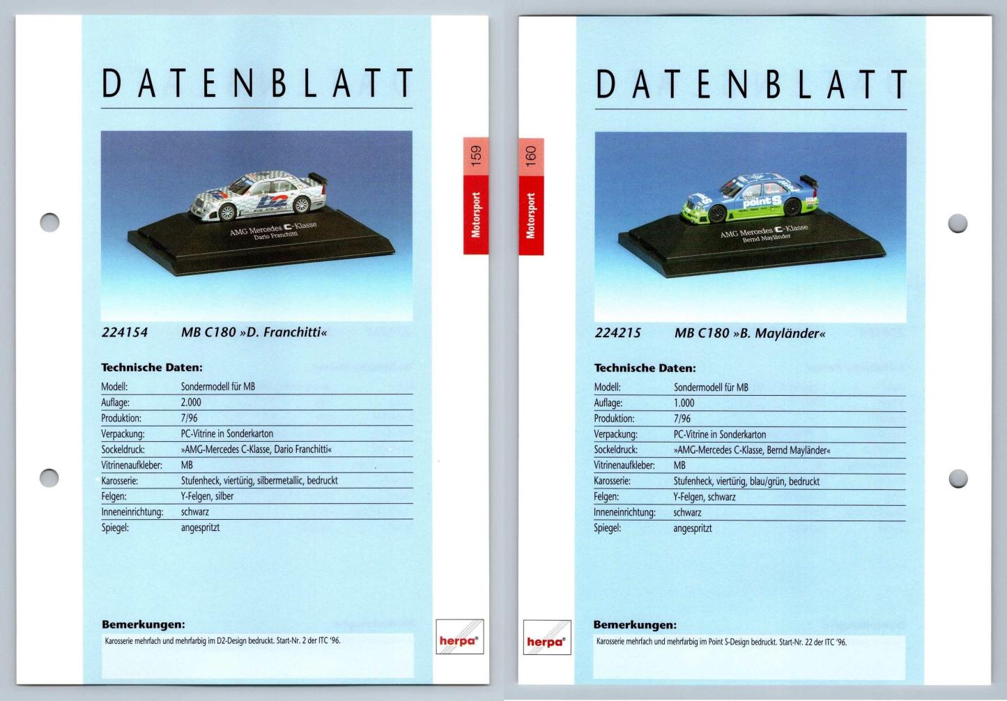 Mercedes Benz C180 #159/160 Motorsport - Herpa Data Sheet-Breakoutcards