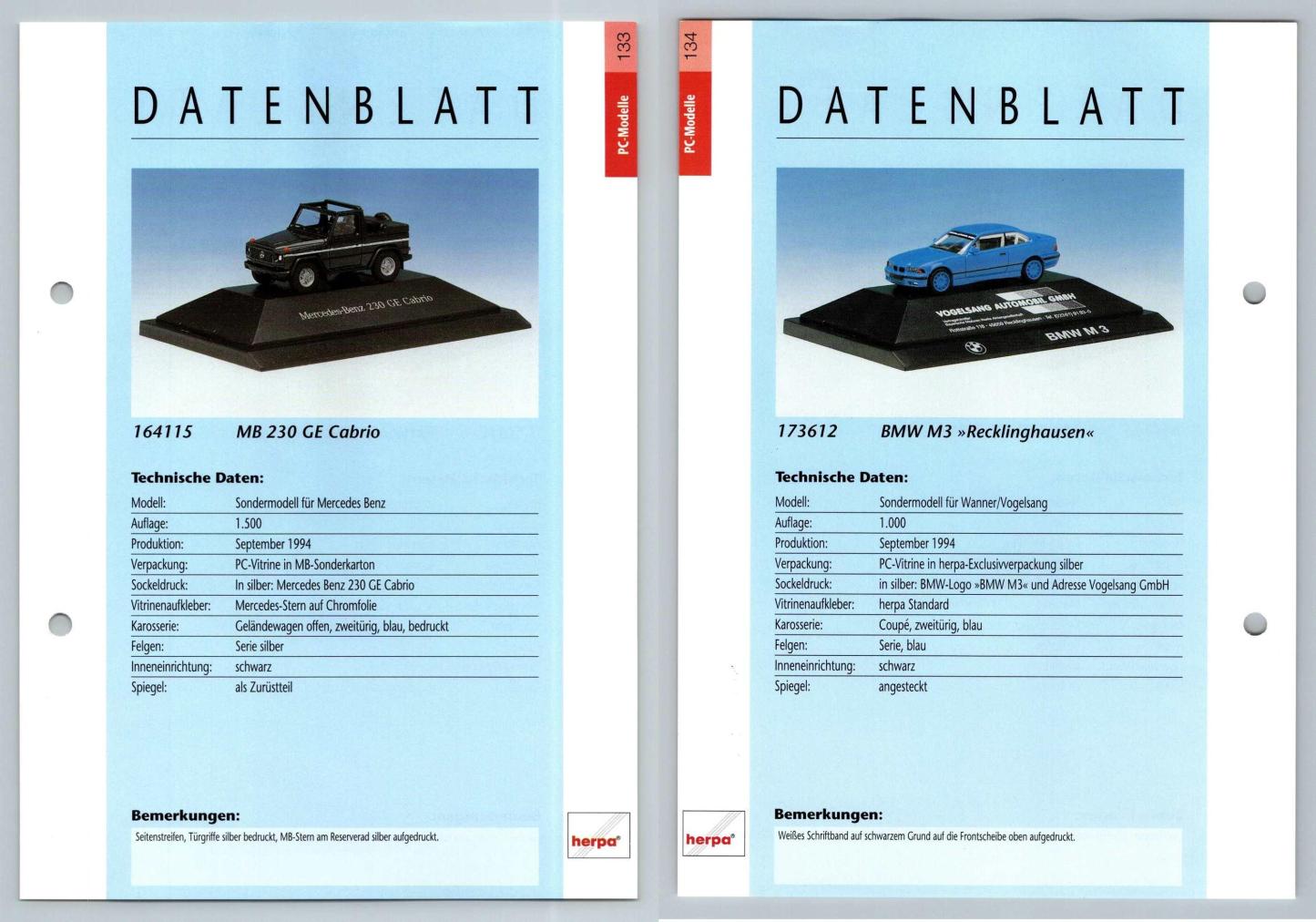 Mercedes Benz 230GE Cabrio / BMW M3 #133/34 PC-Modelle - Herpa Data Sheet-Breakoutcards