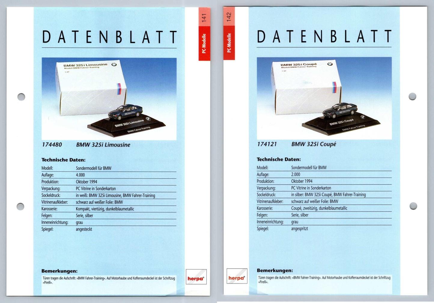 BMW 325i Limousine / 325i Coupe #141/42 PC-Modelle - Herpa Data Sheet-Breakoutcards