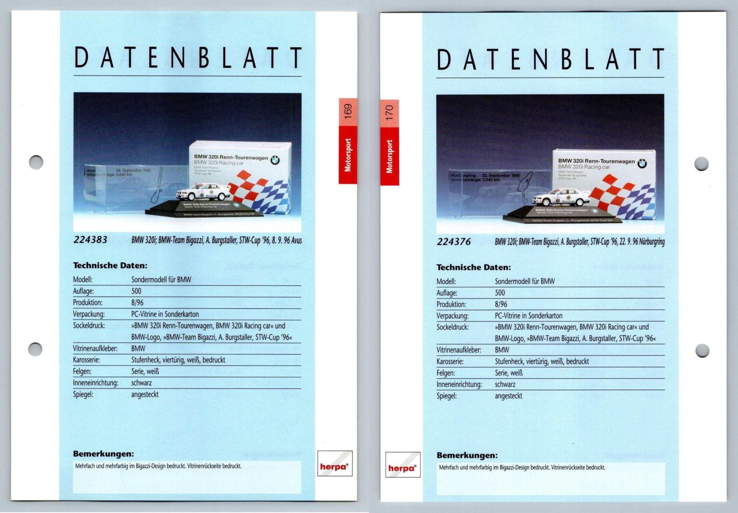 BMW 320i #169/170 Motorsport - Herpa Data Sheet-Breakoutcards