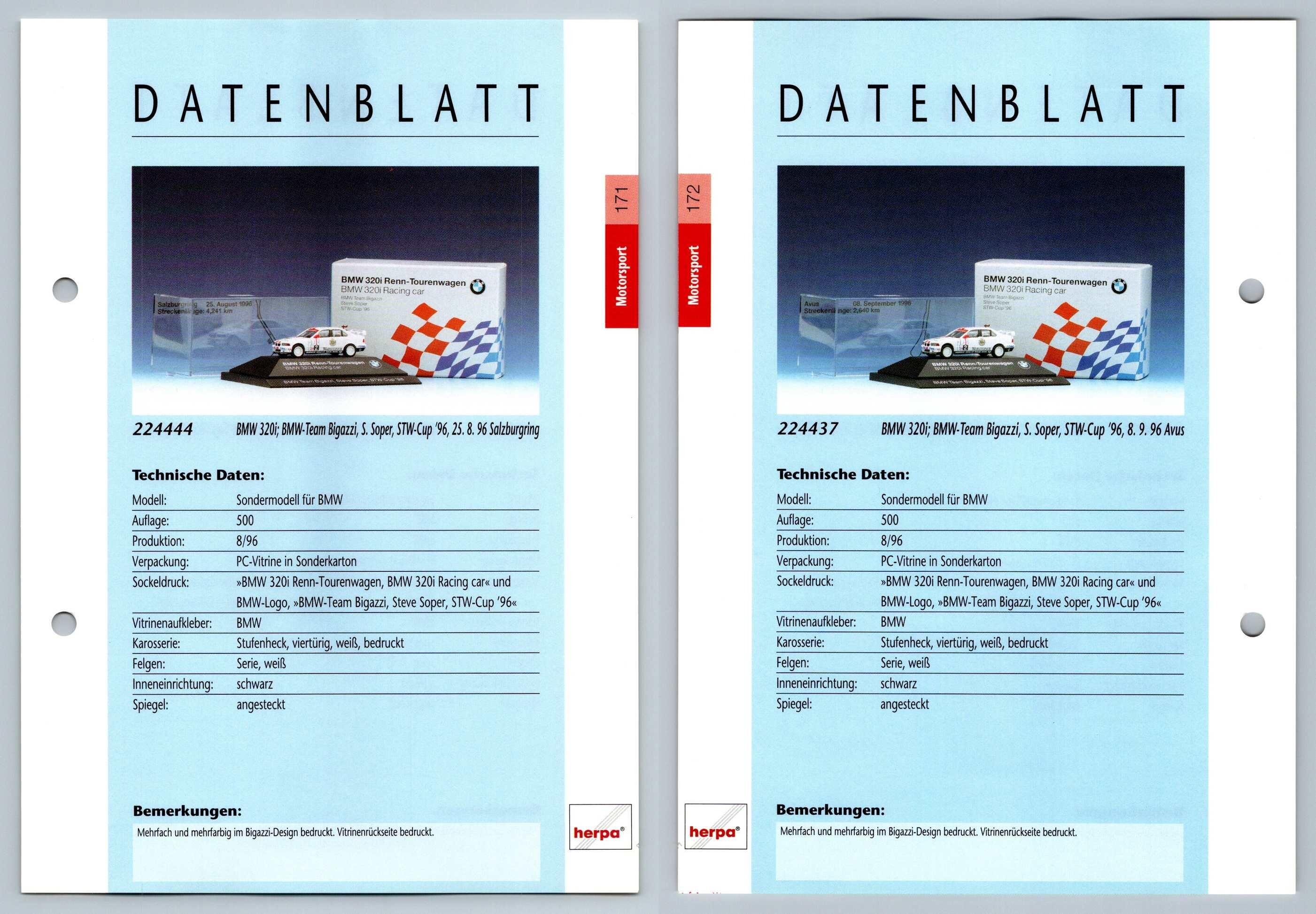 BMW 320i #171/172 Motorsport - Herpa Data Sheet-Breakoutcards