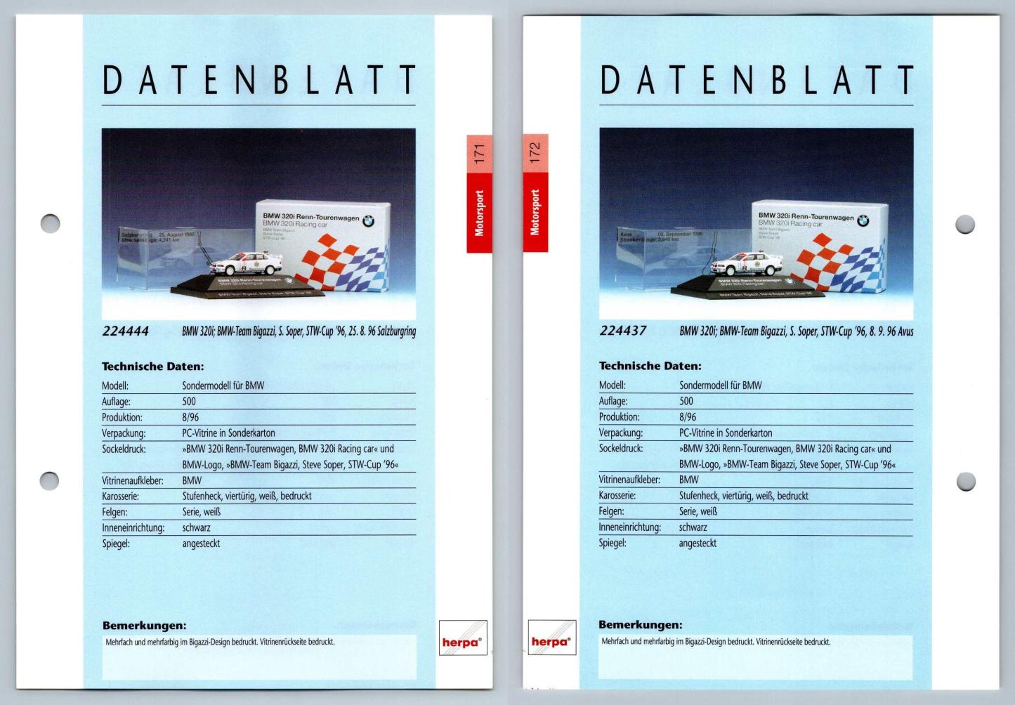 BMW 320i #171/172 Motorsport - Herpa Data Sheet-Breakoutcards