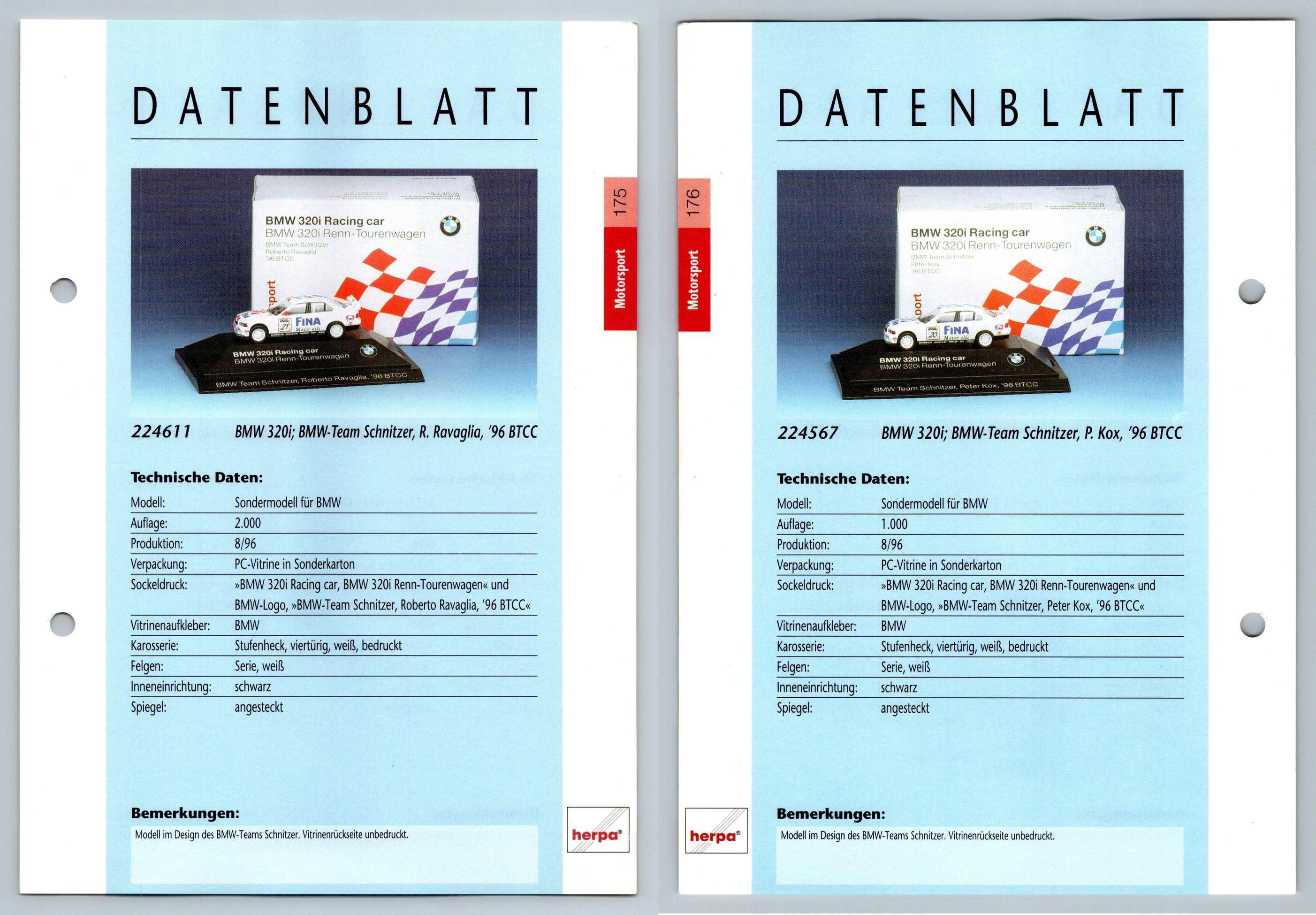 BMW 320i #175/176 Motorsport - Herpa Data Sheet-Breakoutcards