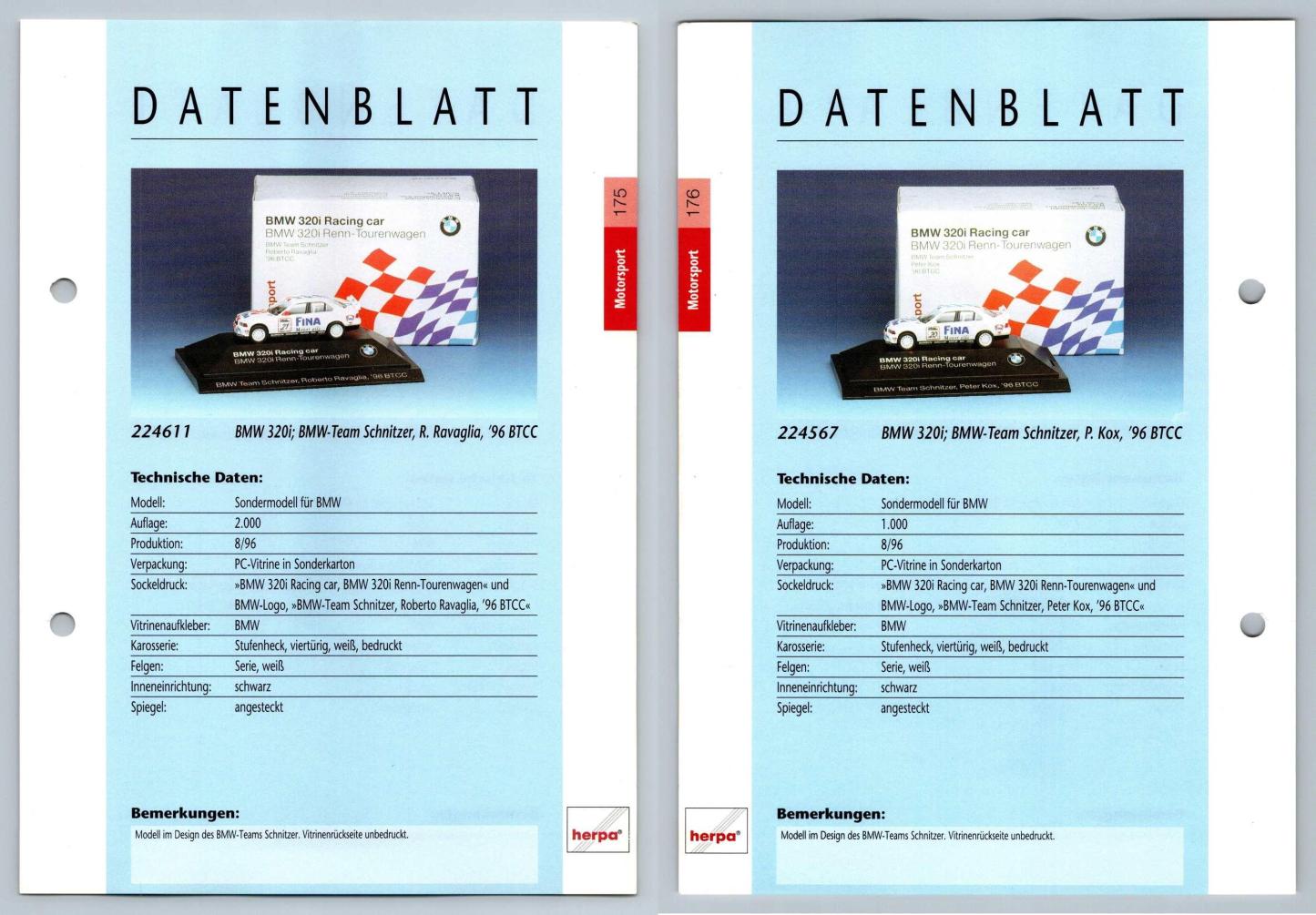 BMW 320i #175/176 Motorsport - Herpa Data Sheet-Breakoutcards