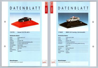 Ferrari 512 TR / BMW 525i Touring #149/50 PC-Modelle - Herpa Data Sheet-Breakoutcards