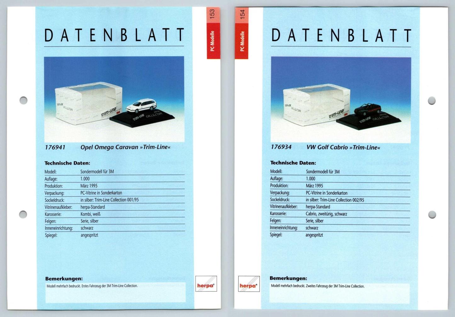 Opel Omega Caravan / VW Golf Cabrio #153/54 PC-Modelle - Herpa Data Sheet-Breakoutcards