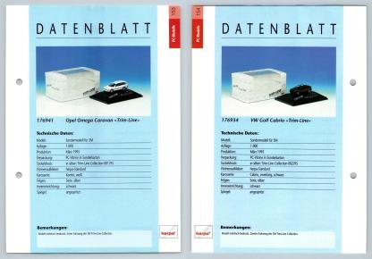 Opel Omega Caravan / VW Golf Cabrio #153/54 PC-Modelle - Herpa Data Sheet-Breakoutcards