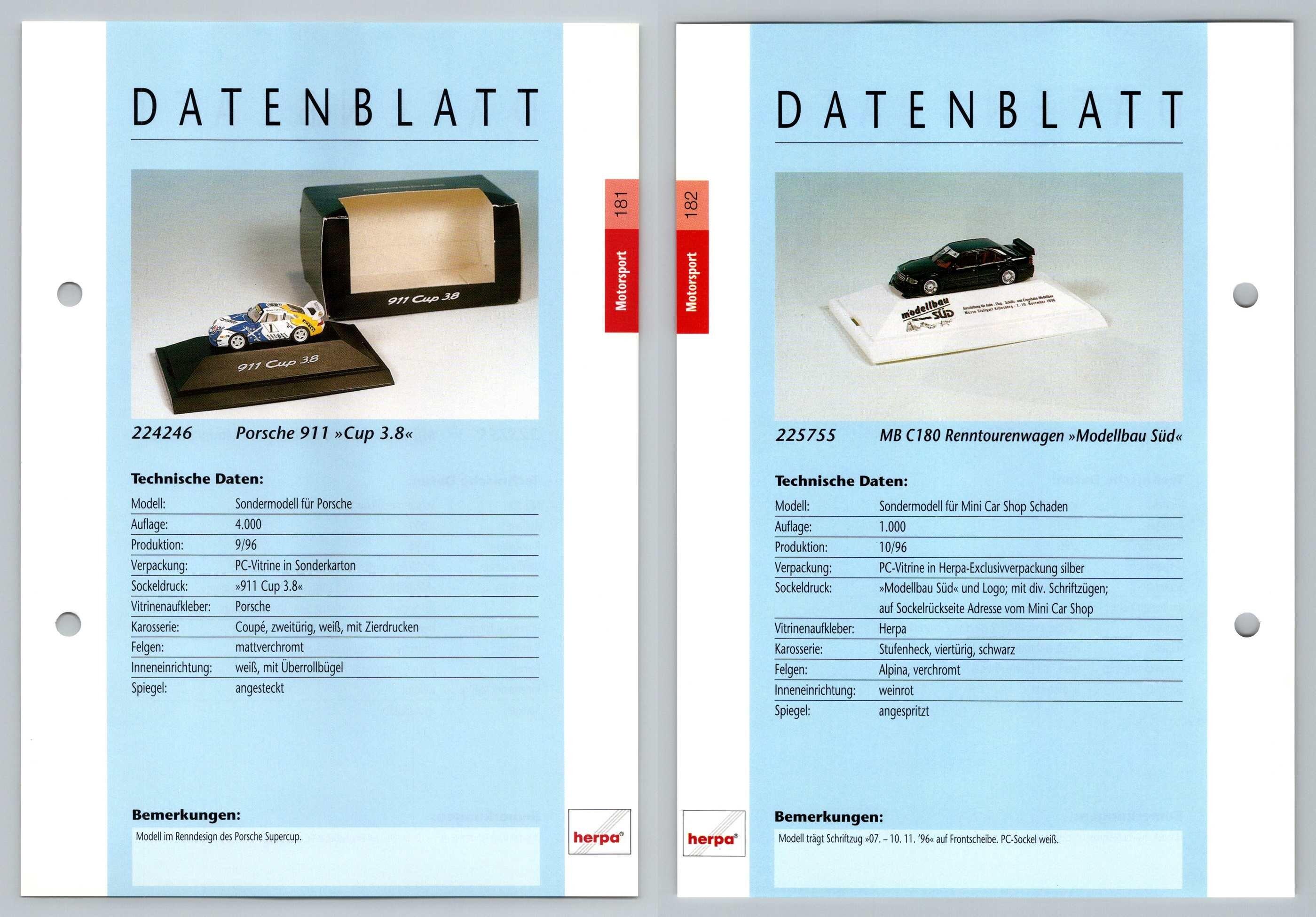 Porsche 911 / MB C180 #181/182 Motorsport - Herpa Data Sheet-Breakoutcards