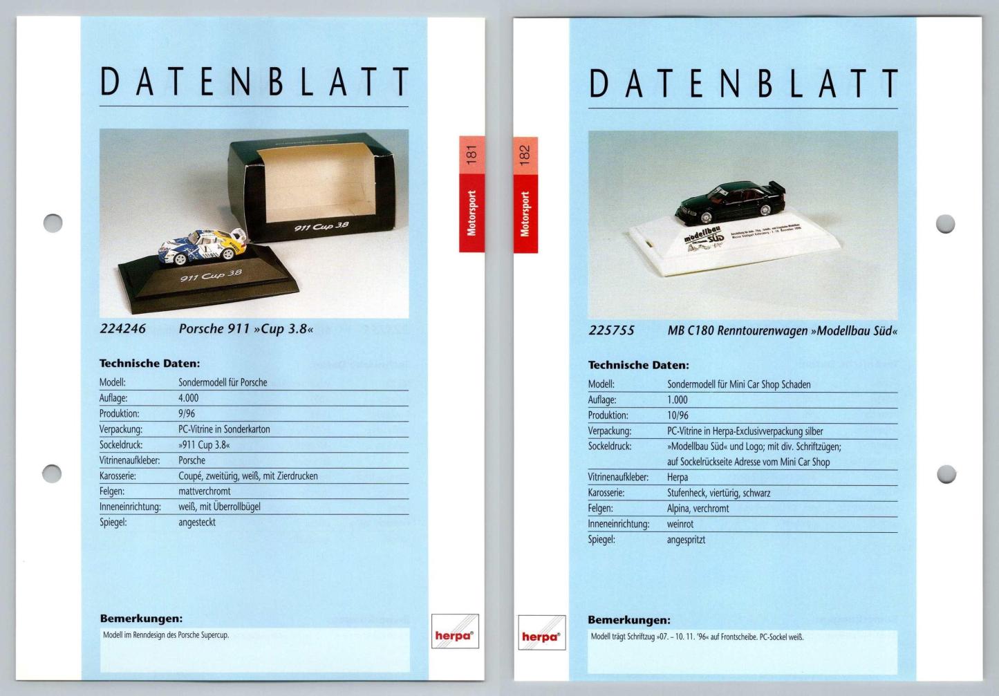 Porsche 911 / MB C180 #181/182 Motorsport - Herpa Data Sheet-Breakoutcards