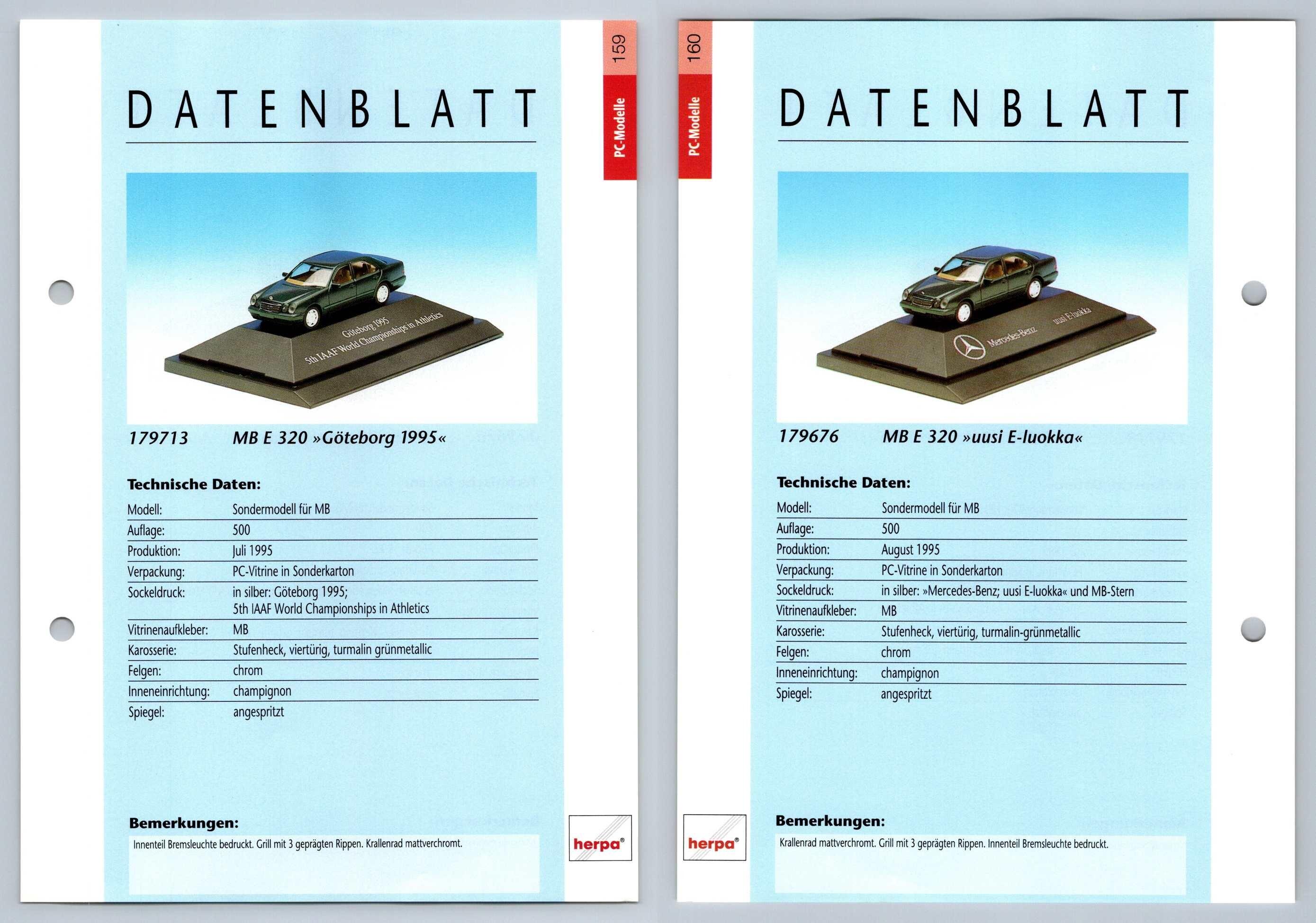 Mercedes Benz E 320 #159/60 PC-Modelle - Herpa Data Sheet-Breakoutcards