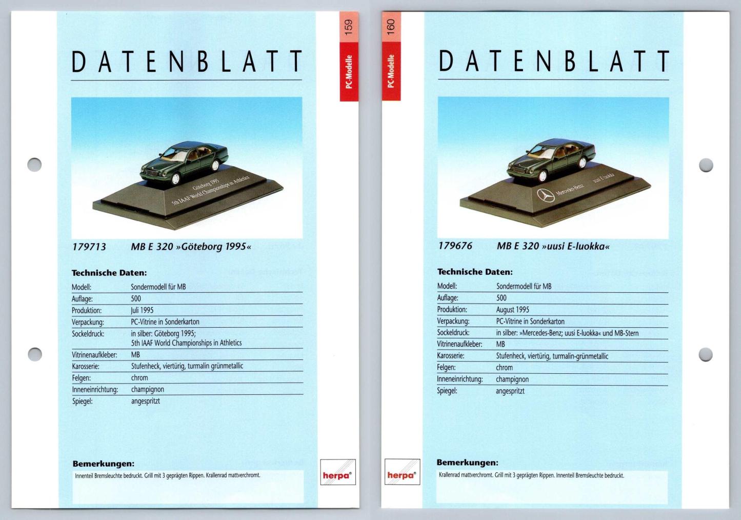 Mercedes Benz E 320 #159/60 PC-Modelle - Herpa Data Sheet-Breakoutcards