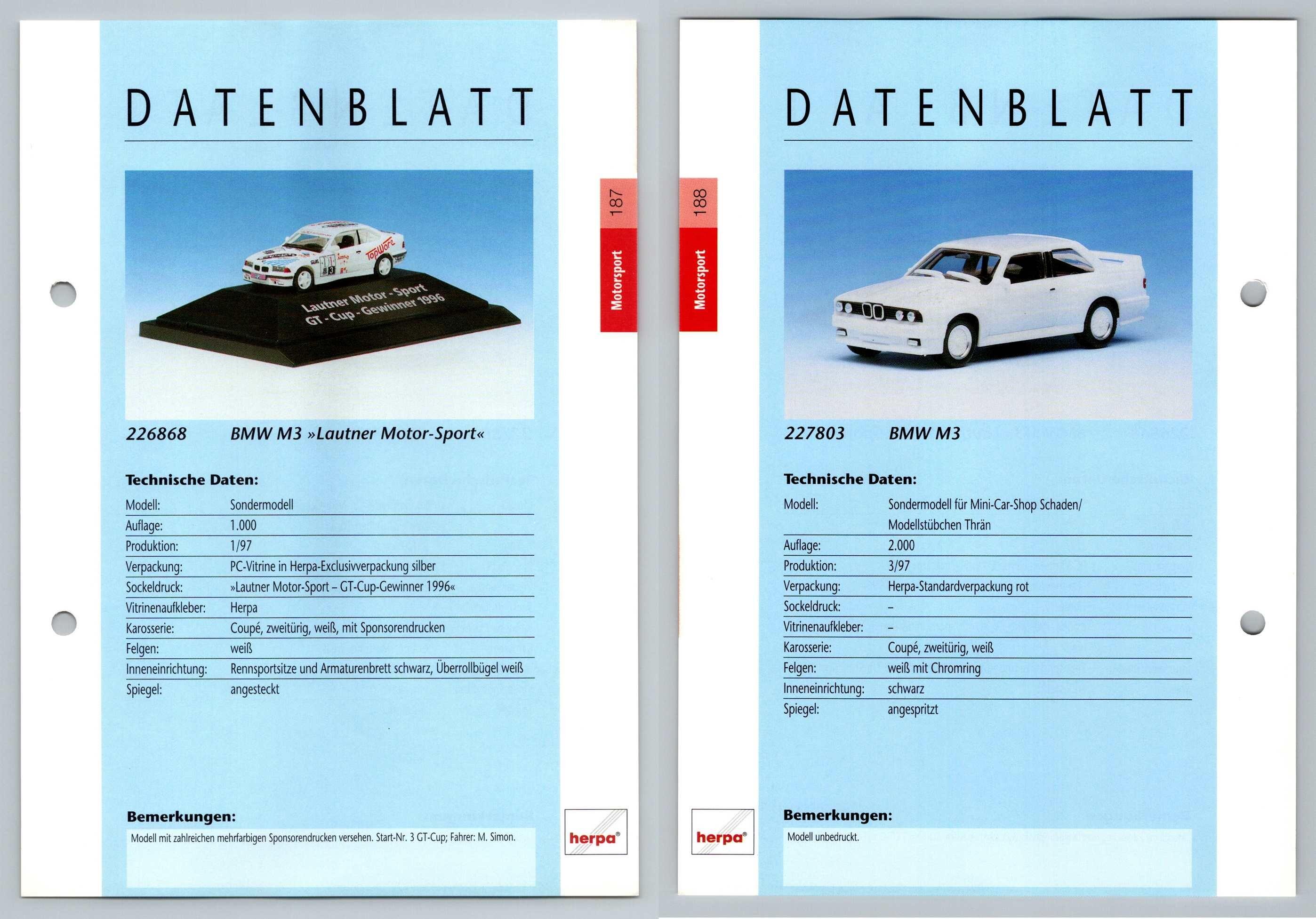 BMW M3 #187/188 Motorsport - Herpa Data Sheet-Breakoutcards