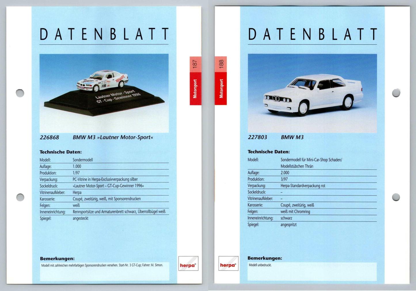BMW M3 #187/188 Motorsport - Herpa Data Sheet-Breakoutcards