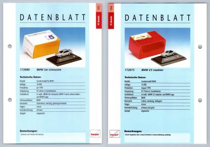 BMW 5er Limousine / Z3 Roadster #163/64 PC-Modelle - Herpa Data Sheet-Breakoutcards