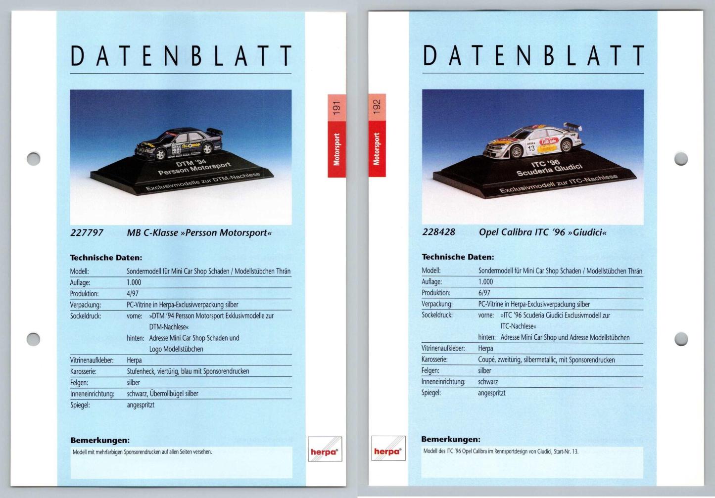 MB C-Klasse / Opel Calibra ITC #191/192 Motorsport - Herpa Data Sheet-Breakoutcards