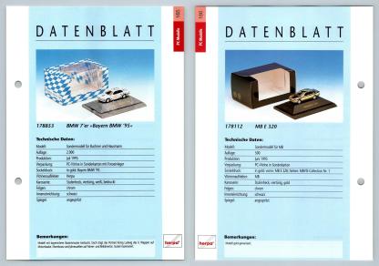 BMW 7er / Mercedes E320 #165/66 PC-Modelle - Herpa Data Sheet-Breakoutcards