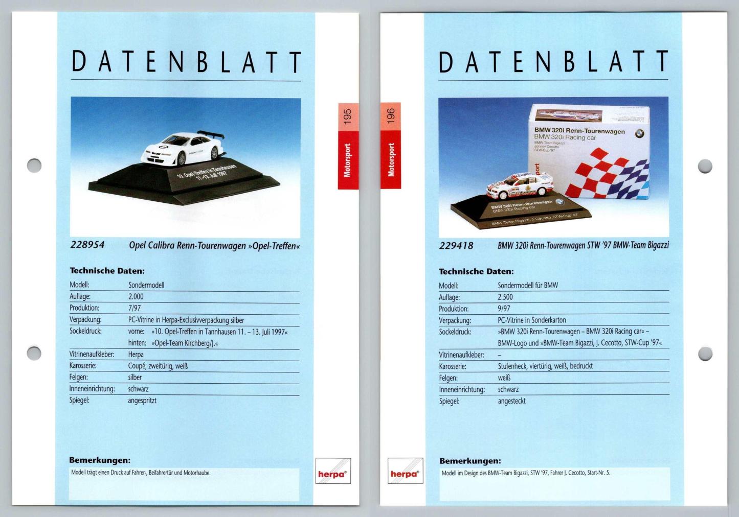 Opel Calibra / BMW 320i #195/196 Motorsport - Herpa Data Sheet-Breakoutcards