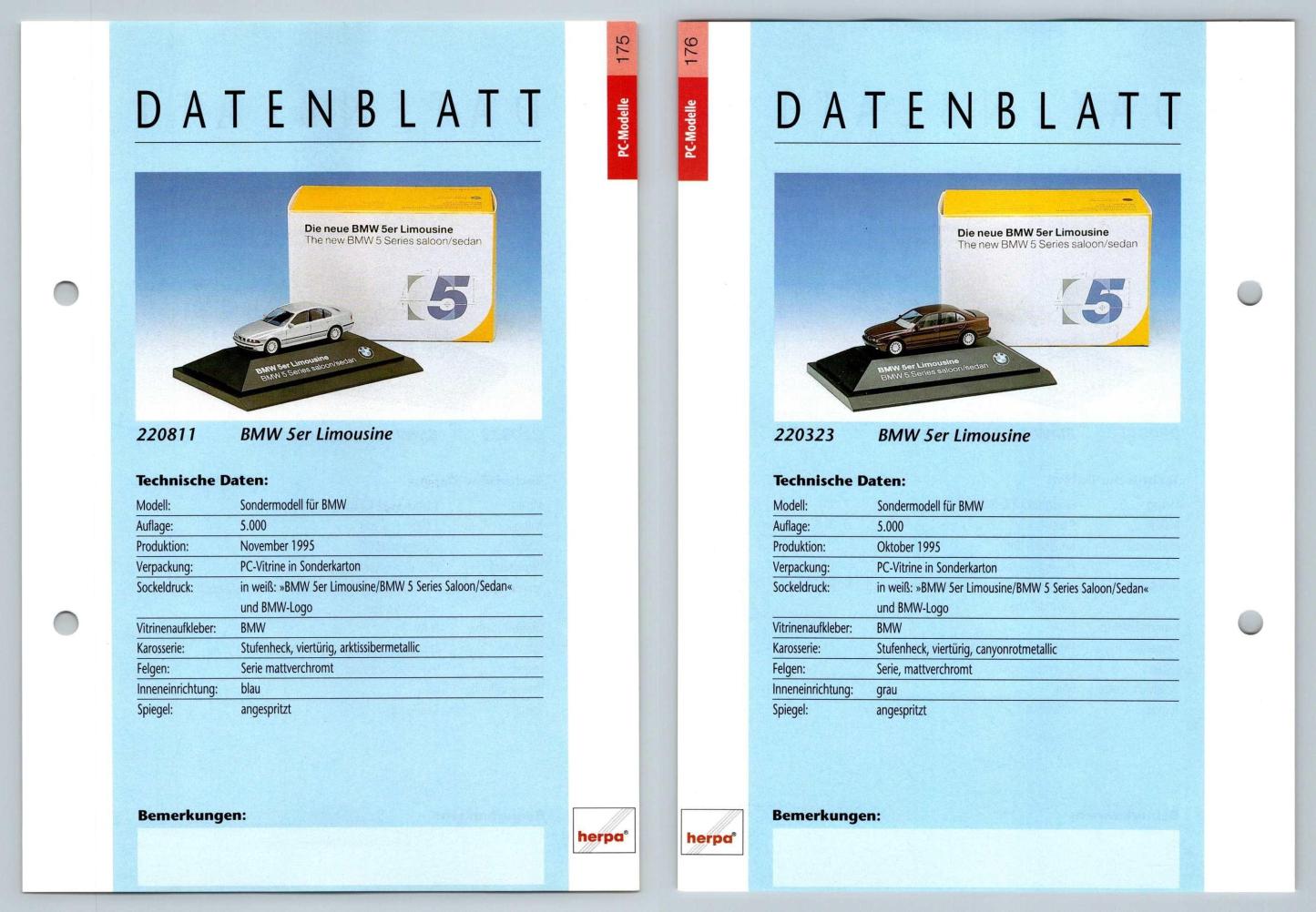 BMW 5er Limousine #175/76 PC-Modelle - Herpa Data Sheet-Breakoutcards