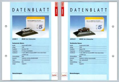 BMW 5er Limousine #175/76 PC-Modelle - Herpa Data Sheet-Breakoutcards