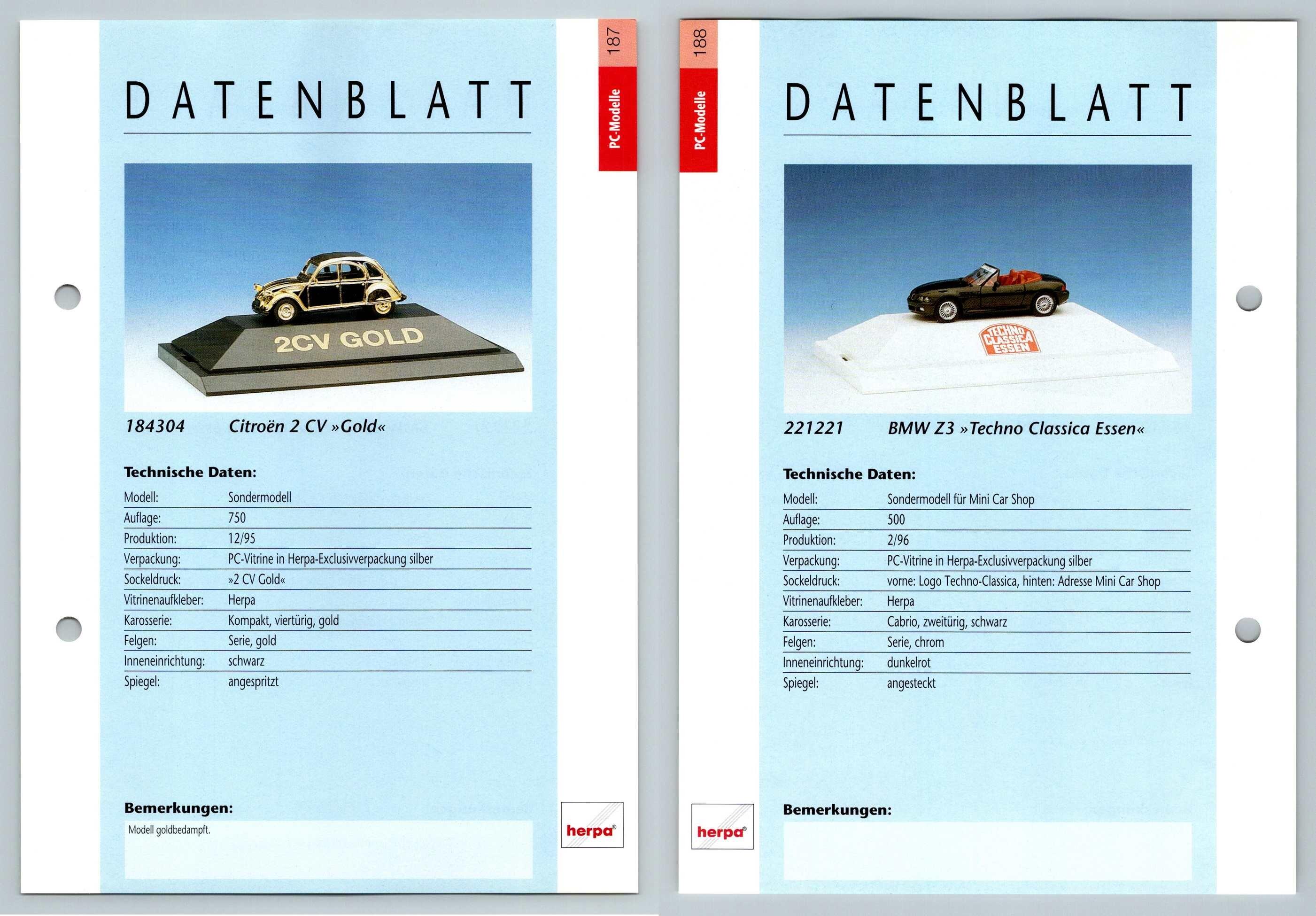 Citroen 2 CV / BMW Z3 #187/88 PC-Modelle - Herpa Data Sheet-Breakoutcards