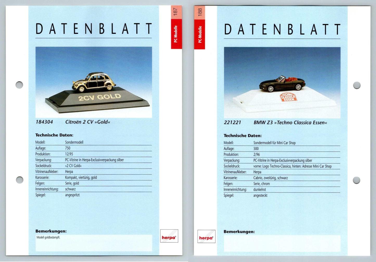 Citroen 2 CV / BMW Z3 #187/88 PC-Modelle - Herpa Data Sheet-Breakoutcards