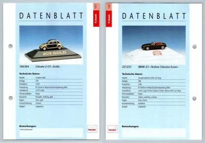 Citroen 2 CV / BMW Z3 #187/88 PC-Modelle - Herpa Data Sheet-Breakoutcards