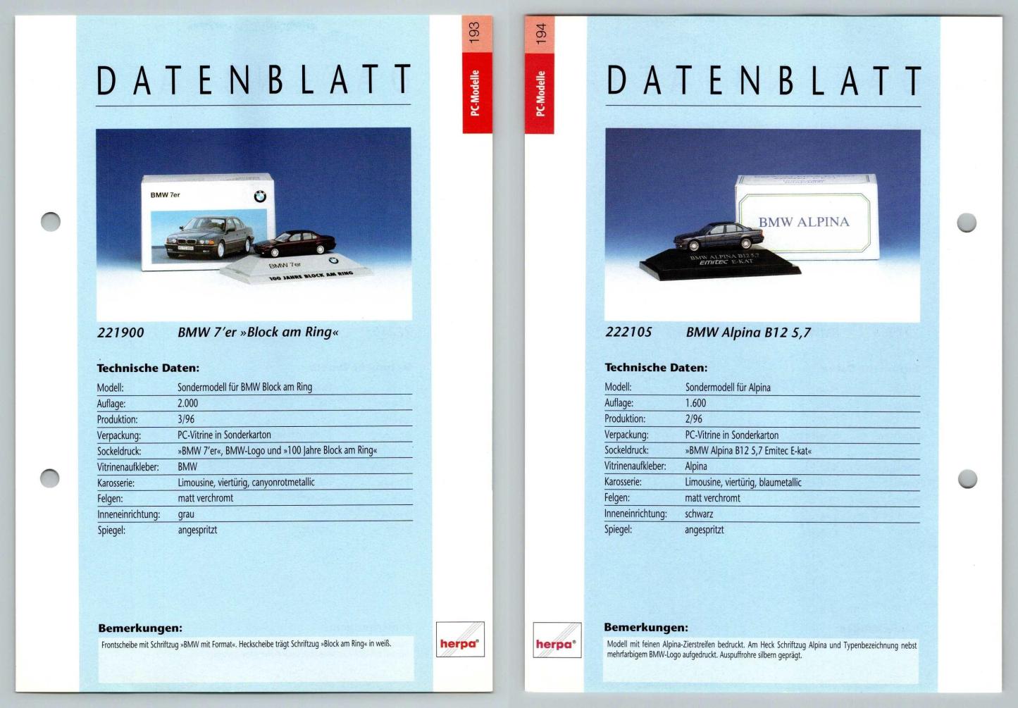 BMW 7er / Aplina B12 #193/94 PC-Modelle - Herpa Data Sheet-Breakoutcards