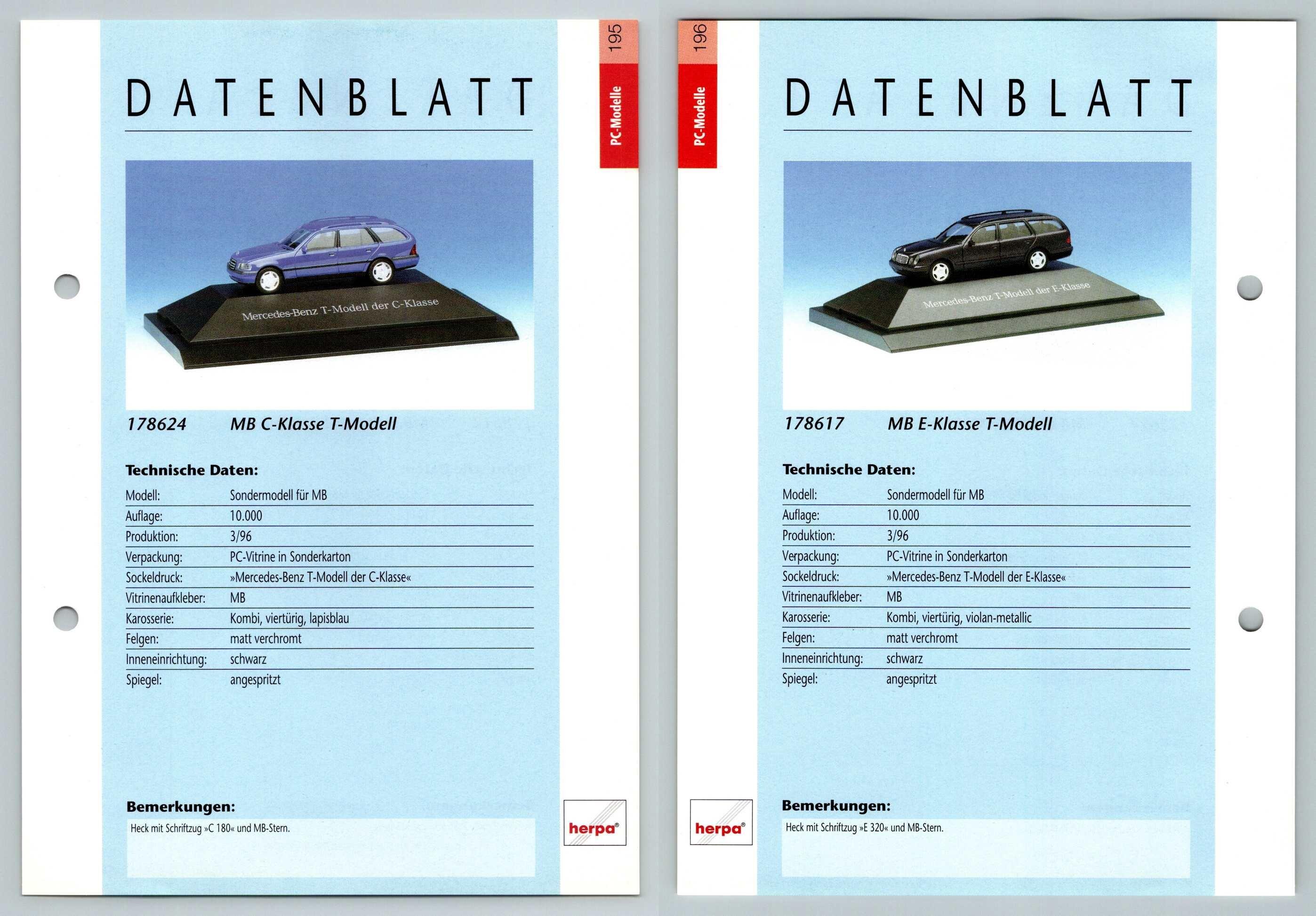 Mercedes Benz C-Klasse #196/97 PC-Modelle - Herpa Data Sheet-Breakoutcards