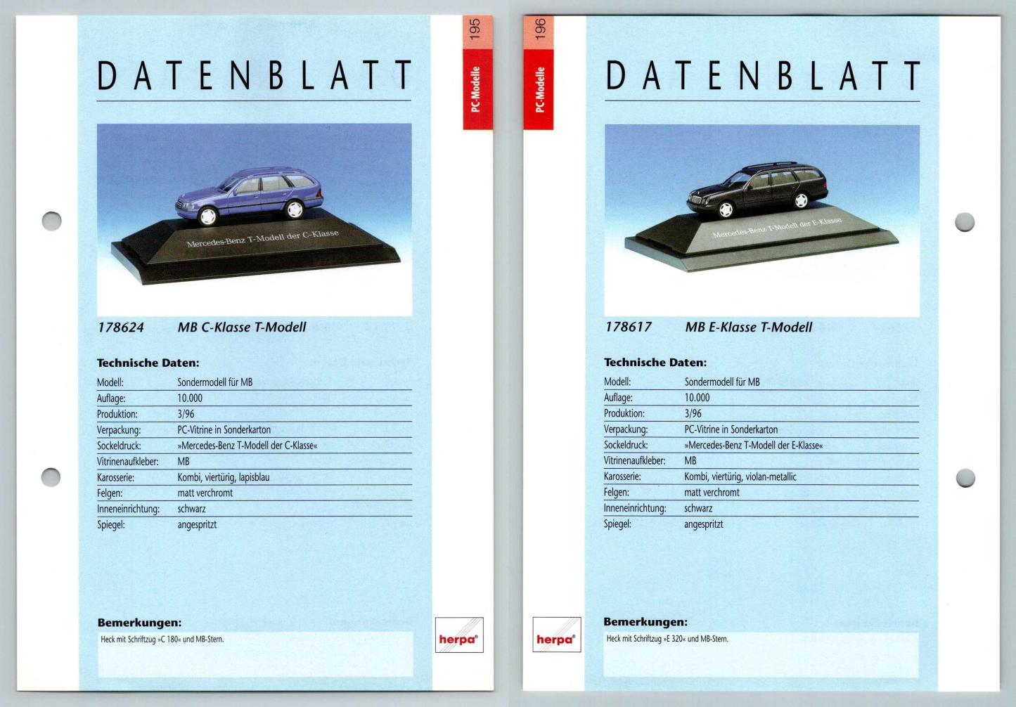 Mercedes Benz C-Klasse #196/97 PC-Modelle - Herpa Data Sheet-Breakoutcards