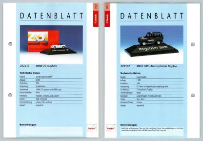 BMW Z3 Roadster / Mercedes Benz G300 #200/01 PC-Modelle - Herpa Data Sheet-Breakoutcards