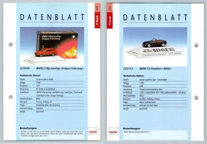 BMW 518g Touring / Z3 Roadster #203/04 PC-Modelle - Herpa Data Sheet-Breakoutcards