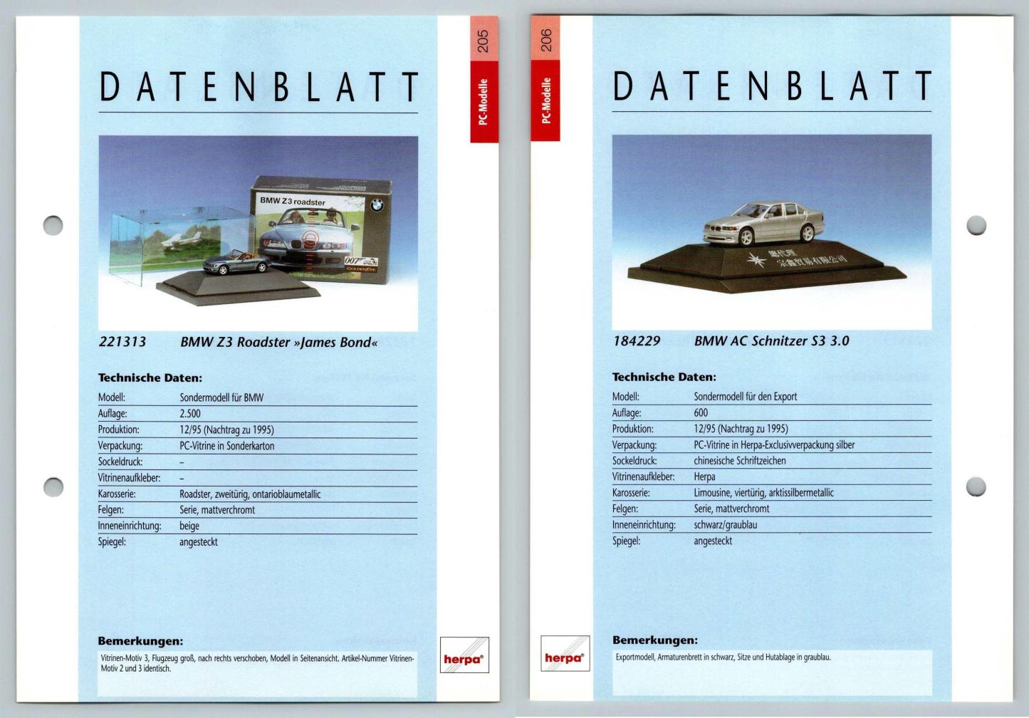 BMW Z3 Roadster / AC Schnitzer S3 #205/06 PC-Modelle - Herpa Data Sheet-Breakoutcards