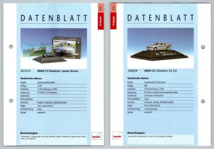 BMW Z3 Roadster / AC Schnitzer S3 #205/06 PC-Modelle - Herpa Data Sheet-Breakoutcards