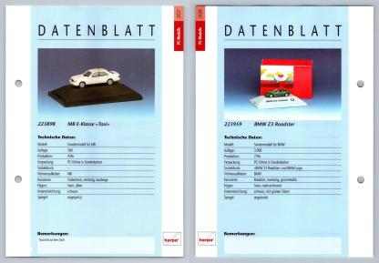 Mercedes Benz E-Klasse / BMW Z3 Roadster #207/08 PC-Modelle - Herpa Data Sheet-Breakoutcards