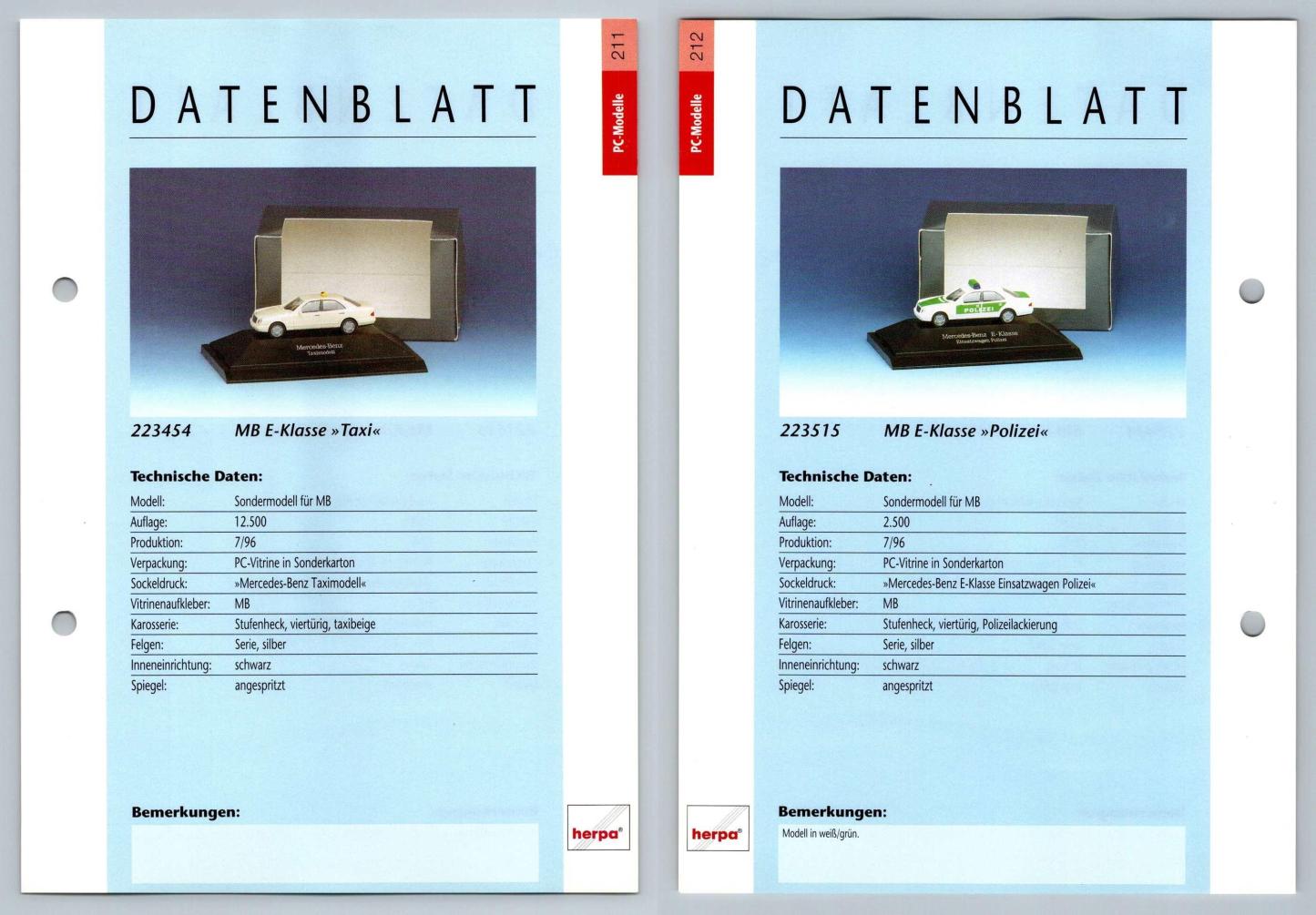 Mercedes Benz E-Klasse / Polizei #211/12 PC-Modelle - Herpa Data Sheet-Breakoutcards