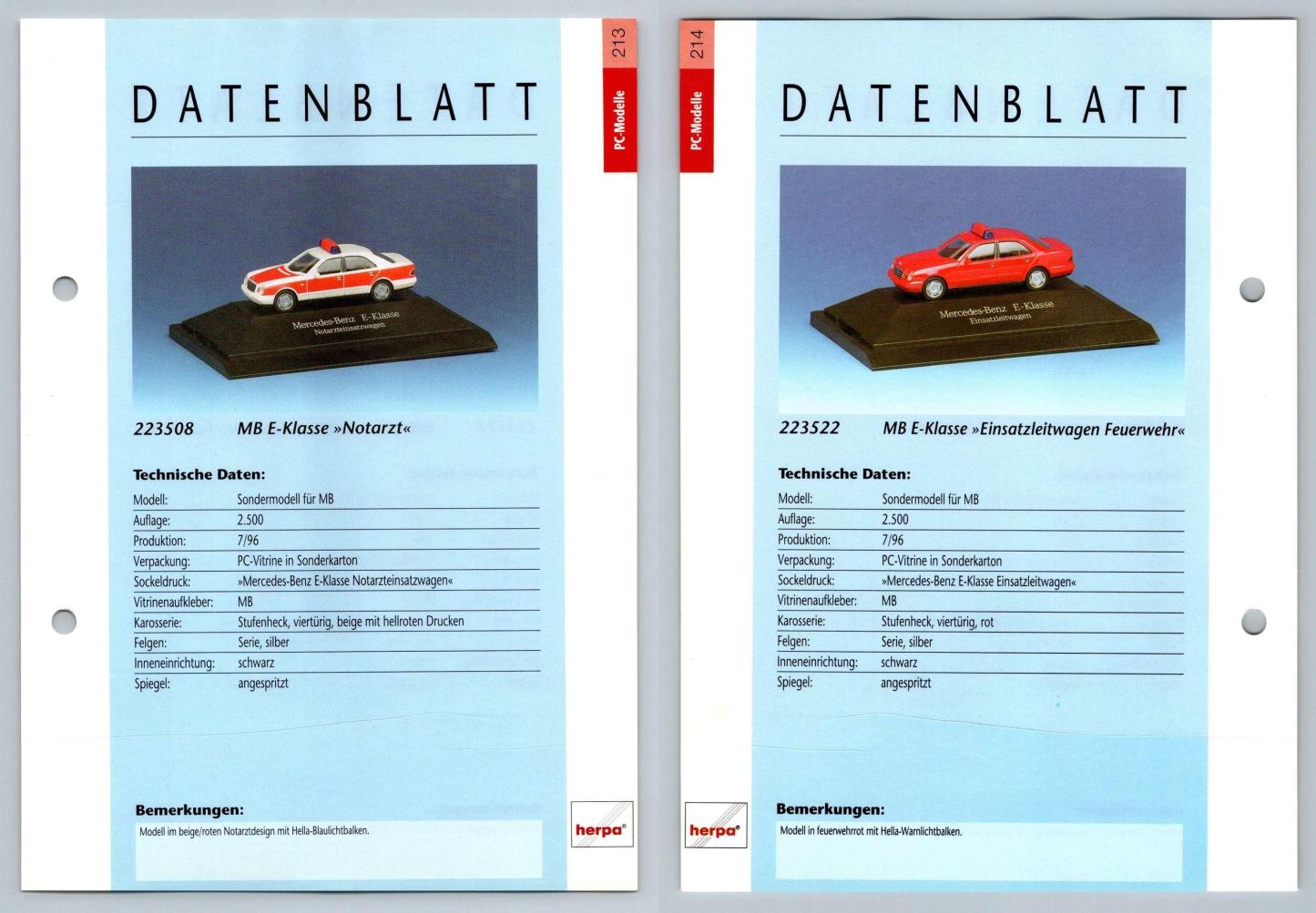 Mercedes Benz E-Klasse #213/14 PC-Modelle - Herpa Data Sheet-Breakoutcards