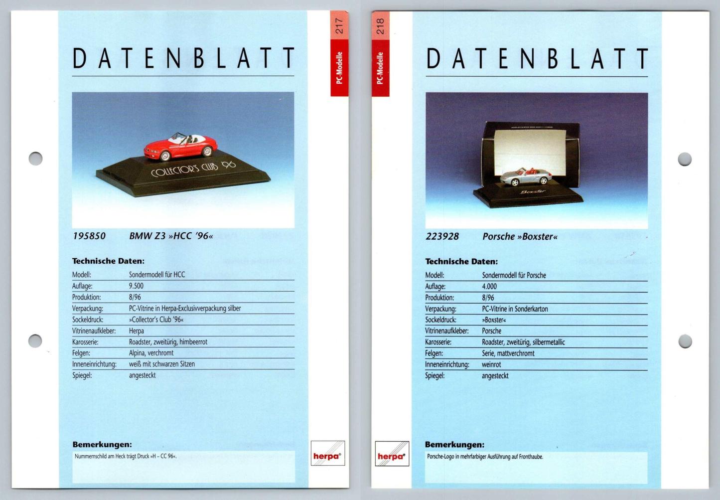 BMW Z3 / Porsche Boxter #217/18 PC-Modelle - Herpa Data Sheet-Breakoutcards