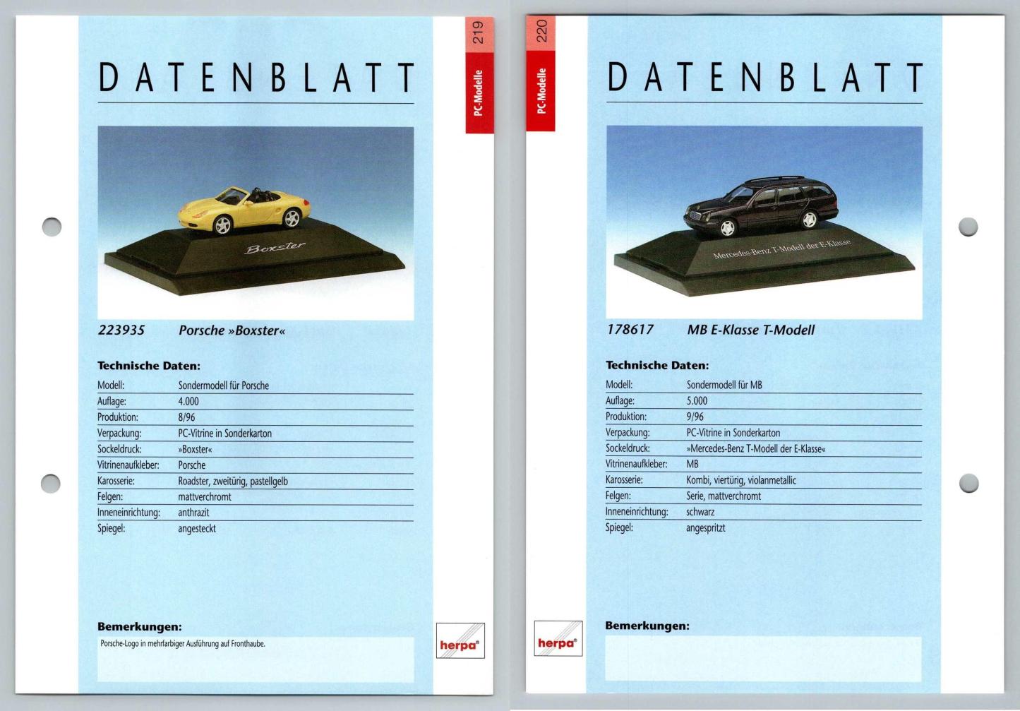 Porsche Boxter / MB E-Klasse #219/20 PC-Modelle - Herpa Data Sheet-Breakoutcards