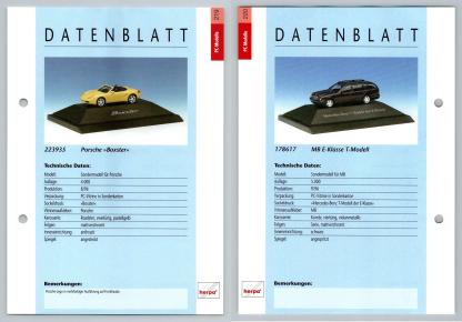 Porsche Boxter / MB E-Klasse #219/20 PC-Modelle - Herpa Data Sheet-Breakoutcards