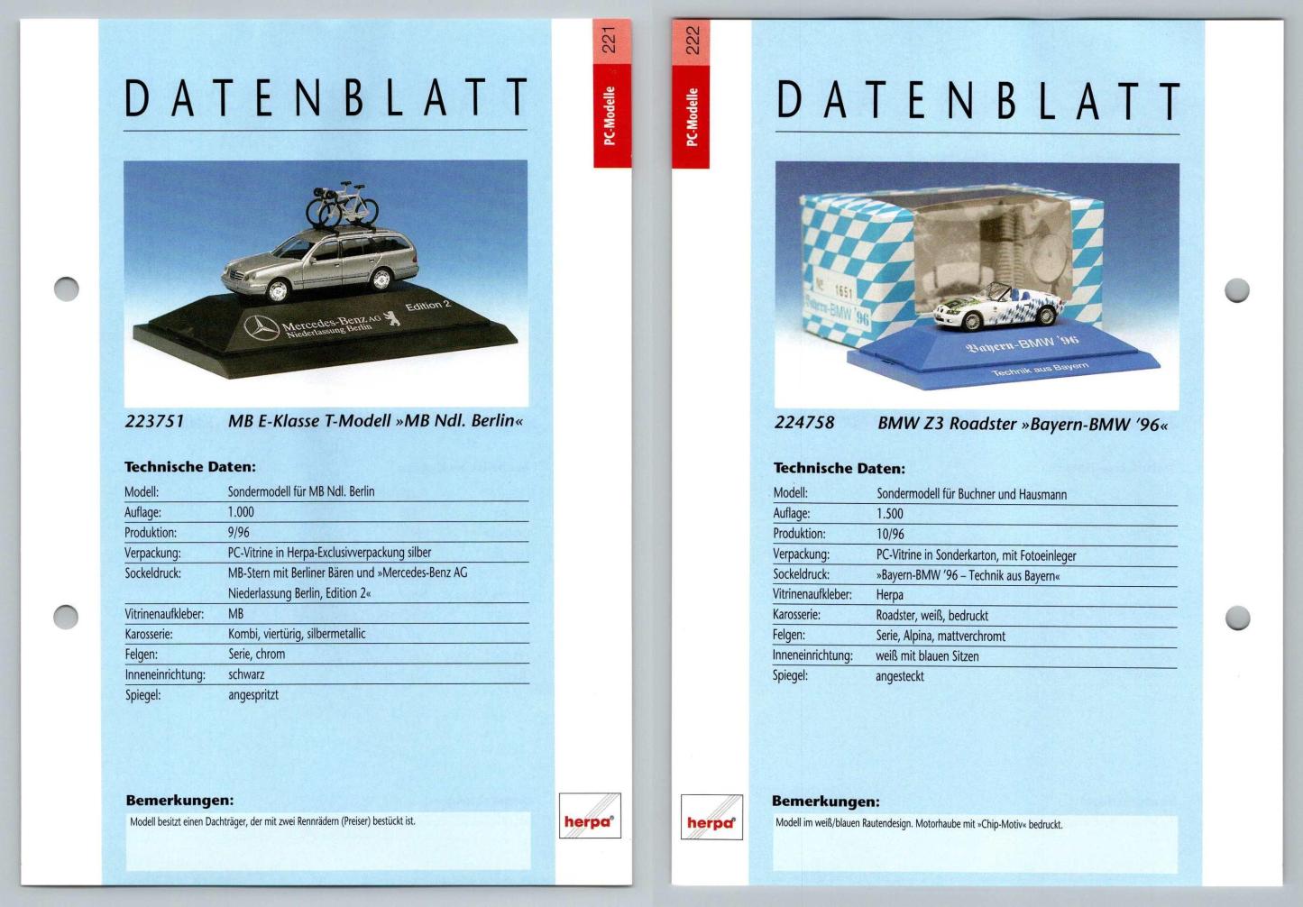 Mercedes Benz E-Klasse / BMW Z3 Roadster #221/22 PC-Modelle - Herpa Data Sheet-Breakoutcards