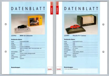 BMW 5er Limousine / Porsche 911 Carrera #223/24 PC-Modelle - Herpa Data Sheet-Breakoutcards