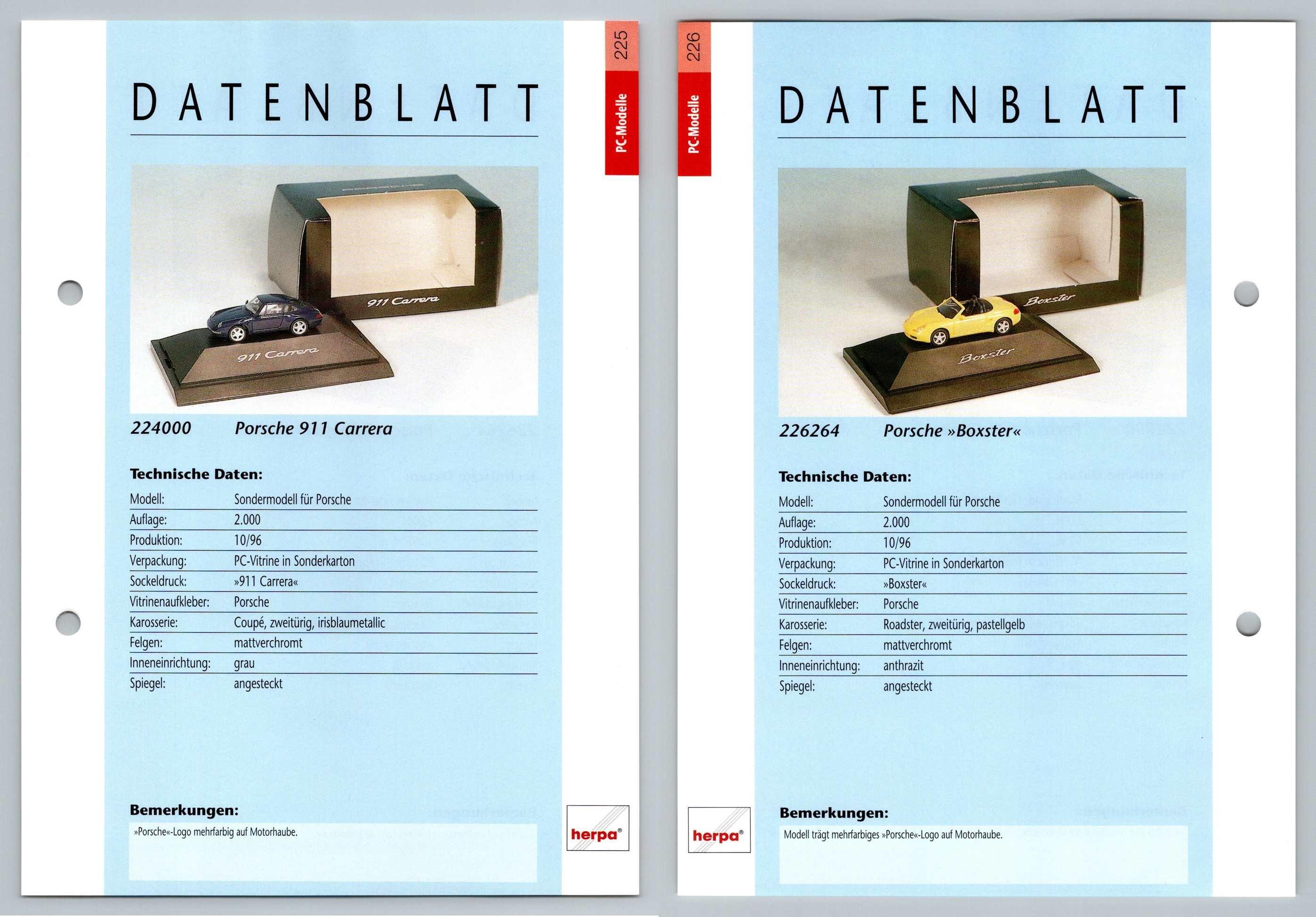 Porsche 911 Carrera / Boxter #225/26 PC-Modelle - Herpa Data Sheet-Breakoutcards