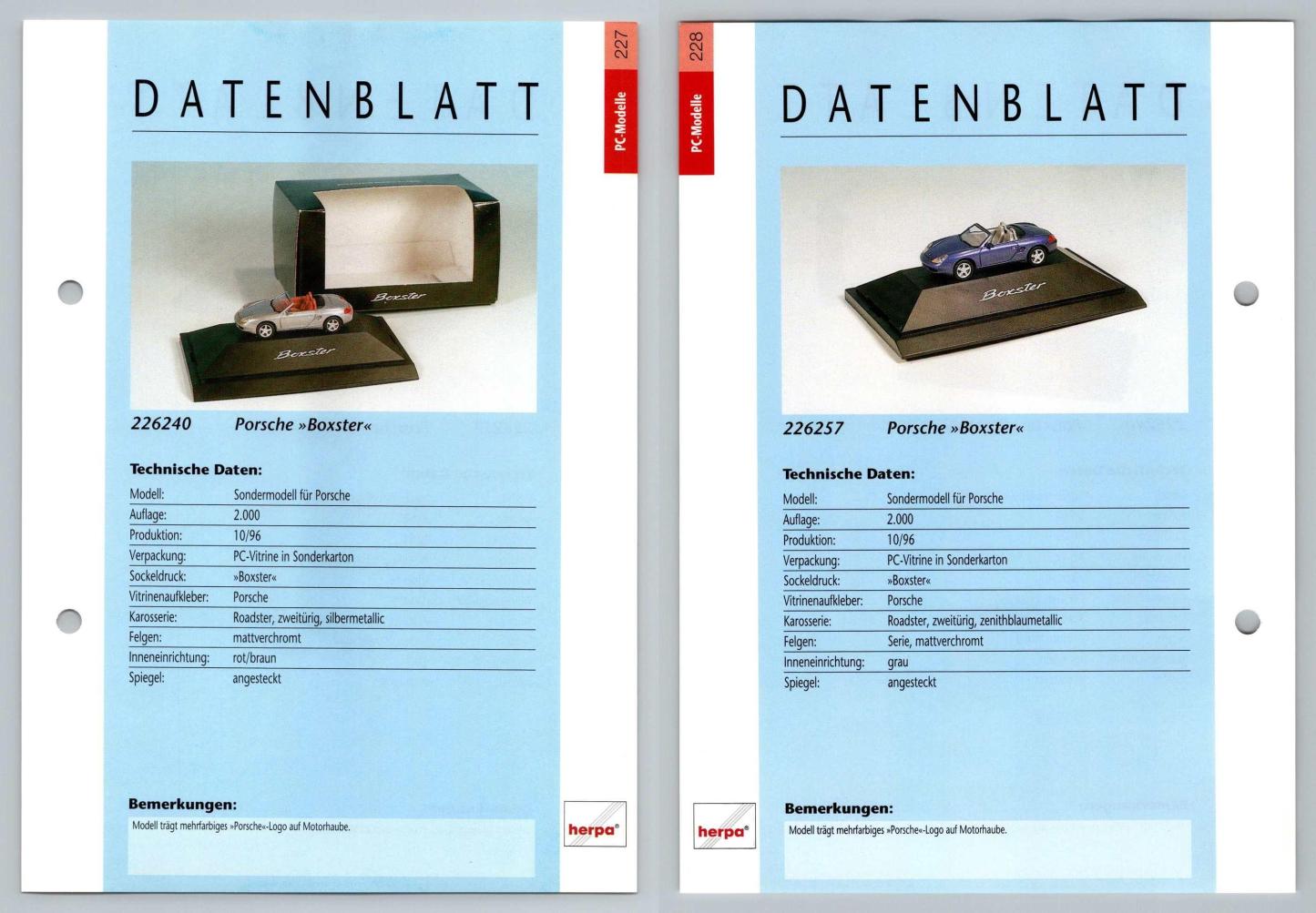 Porsche Boxter #227/28 PC-Modelle - Herpa Data Sheet-Breakoutcards