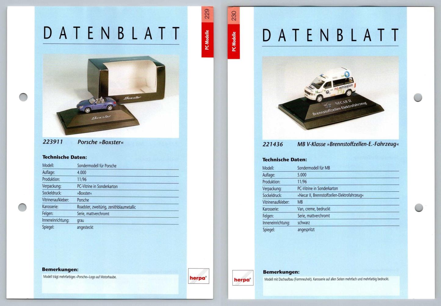Porsche Boxter / MB V-Klasse #229/30 PC-Modelle - Herpa Data Sheet-Breakoutcards