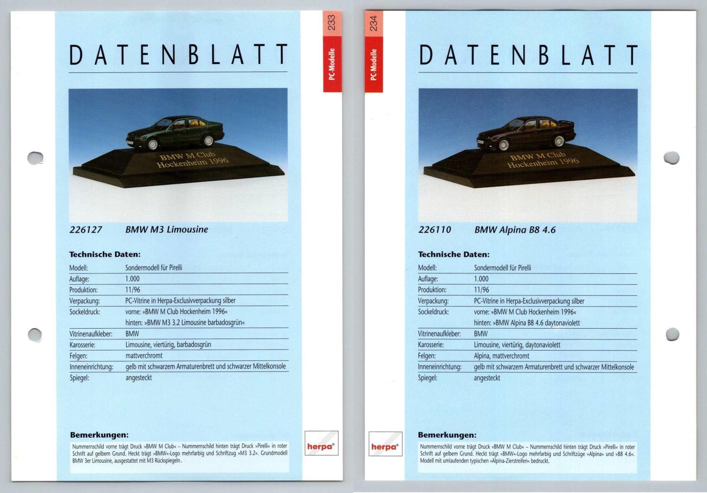 BMW M3 Limousine / Alpina B8 #233/34 PC-Modelle - Herpa Data Sheet-Breakoutcards