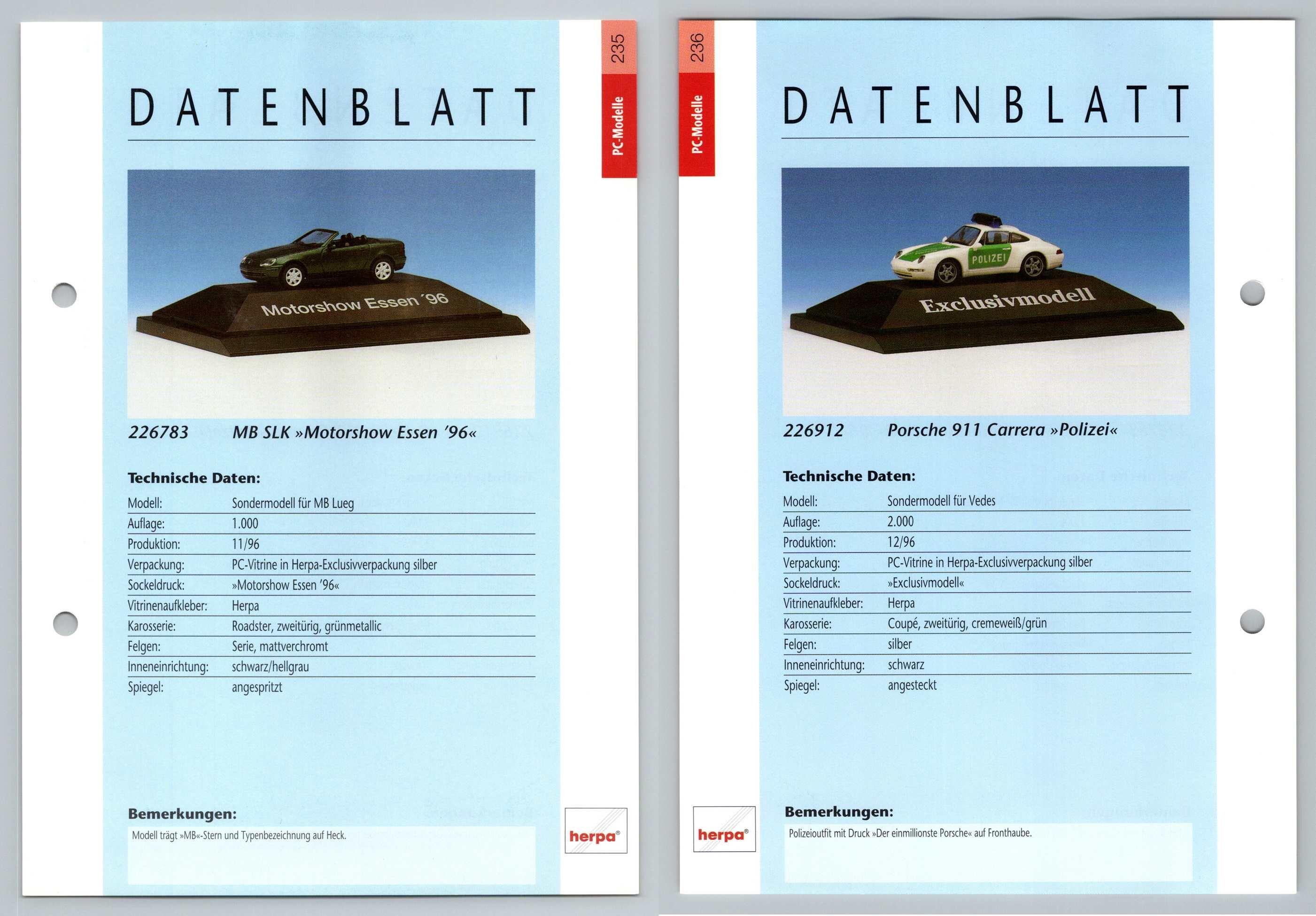 Mercedes Benz SLK / Porsche 911 #235/36 PC-Modelle - Herpa Data Sheet-Breakoutcards