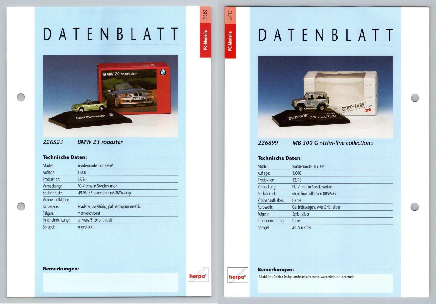BMW Z3 Roadster / MB 300 G #239/40 PC-Modelle - Herpa Data Sheet-Breakoutcards