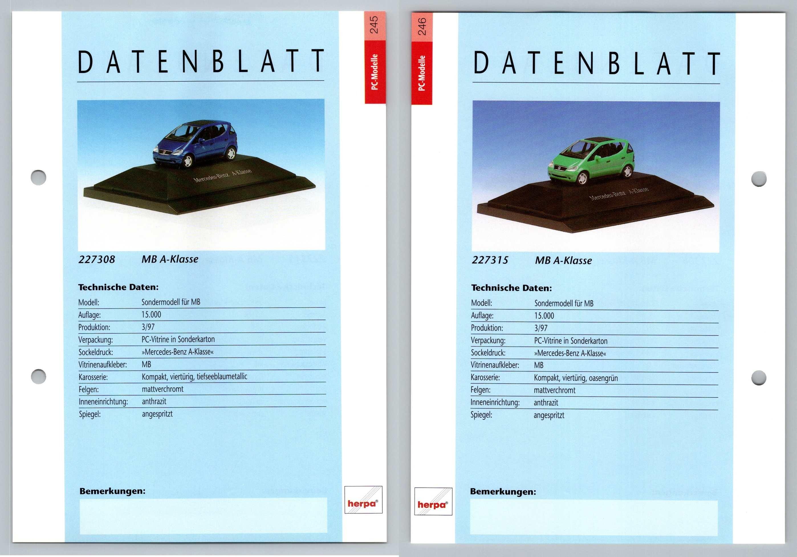 Mercedes Benz A-Klass #245/46 PC-Modelle - Herpa Data Sheet-Breakoutcards
