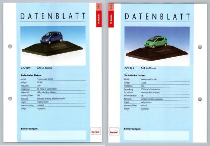 Mercedes Benz A-Klass #245/46 PC-Modelle - Herpa Data Sheet-Breakoutcards