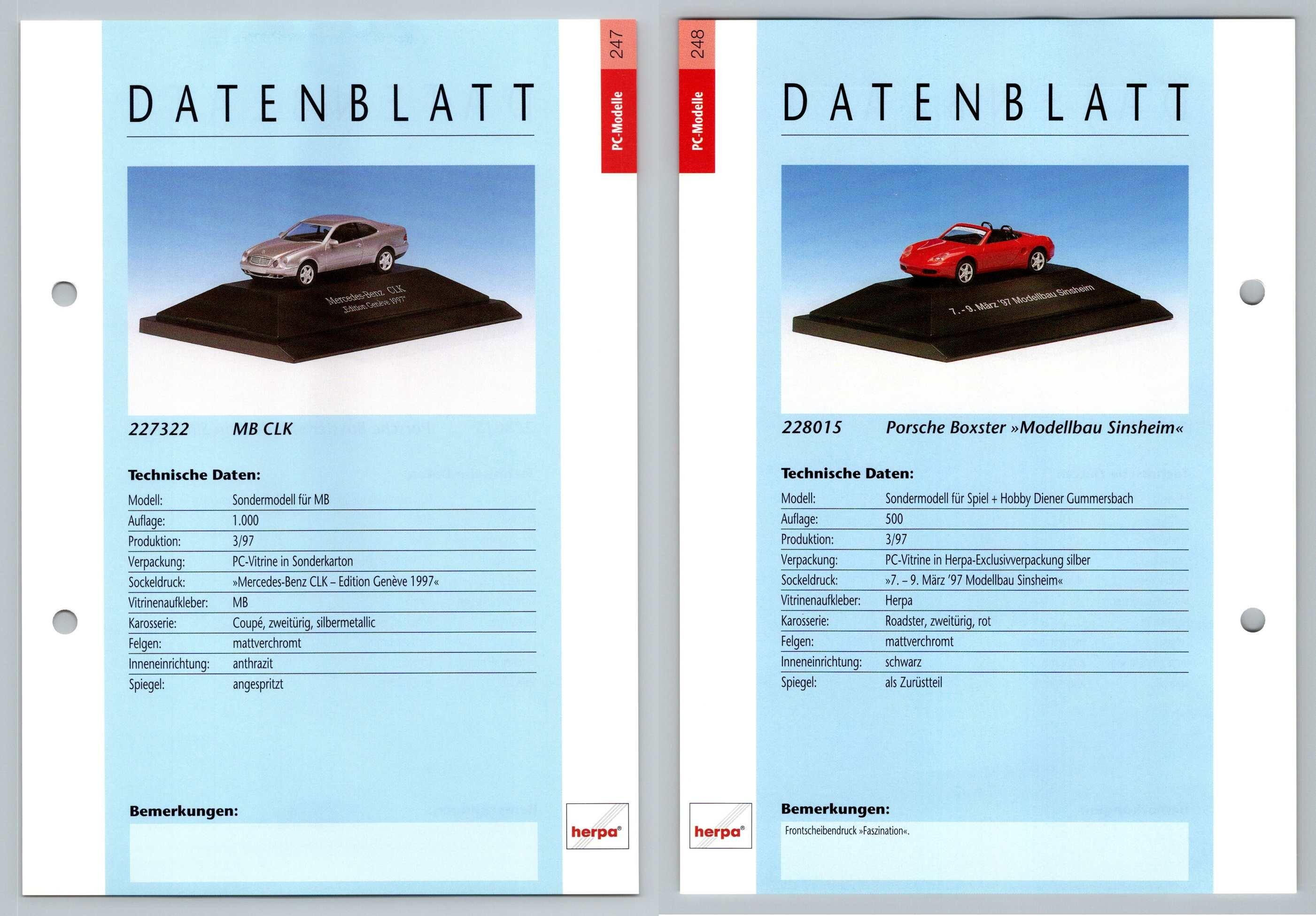 Mercedes Benz CLK / Porsche Boxter #247/48 PC-Modelle - Herpa Data Sheet-Breakoutcards